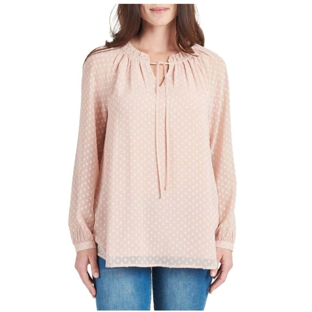 DR2 by Daniel Rainn Soft Pink Swiss Dot Tie-Neck Blouse Size‎ M Top Shirt Tunic